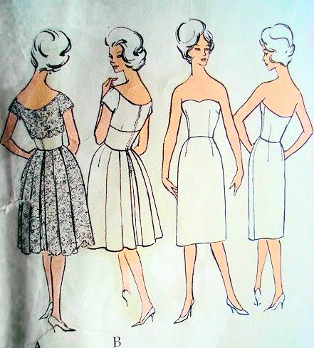 1960s Lovely Evening Cocktail Dress, Strapless Slip and Stole Pattern Wide Open Scoop Neckline, Figure Flattering Midriff Dress Ideal For Lace Vogue Couturier Design 1002 Vintage Sewing Pattern Bust 36