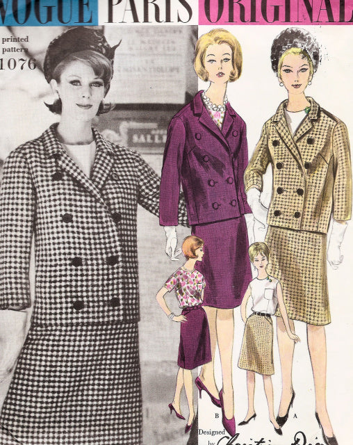 1960s DIOR Suit and Blouse Pattern VOGUE Paris Original 1076 Double Breasted Jacket, Tuck In Blouse and Slim Skirt Bust 31 Vintage Sewing Pattern