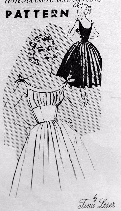 1950s Tina Leser Rockabilly PARTY Dress Pattern SPADEA 1084 Flirty Tied Shoulders Low Scoop Neckline Midriff Full Skirted Dress Daytime or Evening Bust 30 Vintage Sewing Pattern