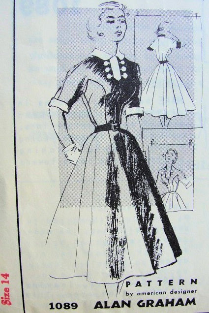 1950s Spadea American Designer Dress Pattern 1089 Alan Graham Flattering Seam Shaped Bodice Full Multi Gore Skirt,Cuffs Collar and Dickey Detachable For Low Neckline