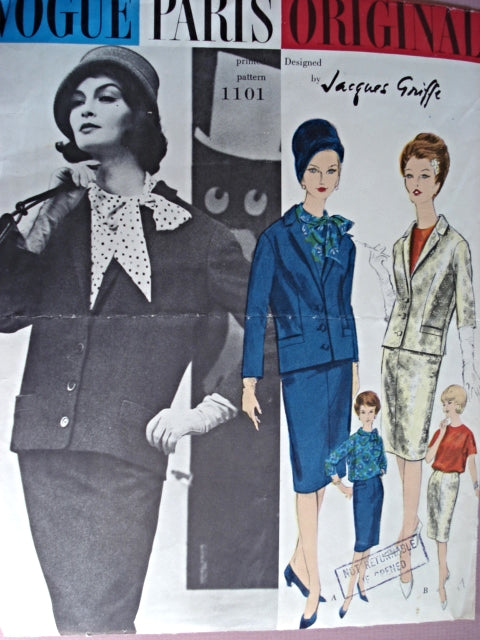 60s CLASSY Slim Skirt Suit and Blouse Pattern Vogue Paris Original 1101 Jacques Griffe Bust 32 Vintage Sewing Pattern FACTORY FOLDED