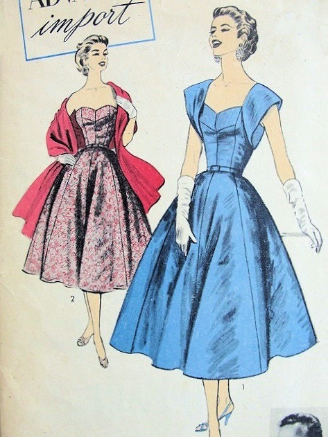 1950s RODRIGUEZ EVENING DRESS, STOLE PATTERN BALLET LENGTH, HEART SHAPE NECKLINE, STRAPLESS or LOW V BACK with UNIQUE WIDE BANDED SLEEVES, ADVANCE IMPORT PATTERNS 118