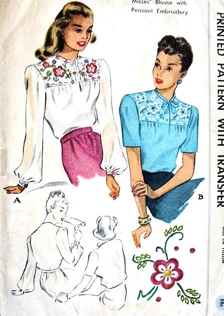 1940s BEAUTIFUL Blouse and Embroidery Transfer Pattern McCALL 1247 Lovely Peasant Style Blouses, Bust 36 Vintage Sewing Pattern