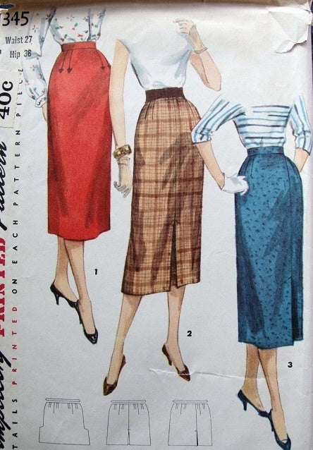 1950s ONE YARD SLIM SKIRTS PATTERN SIMPLE TO MAKE SIMPLICITY 1345 Waist 30