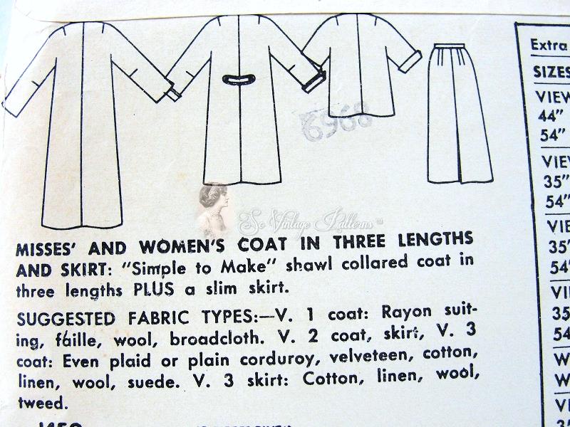 1950s CLASSY Suit and Coat Pattern SIMPLICITY 1450 Slim Skirt with Choice of 3 Lengths For Coat Bust 34 Simple To Make Vintage Sewing Pattern