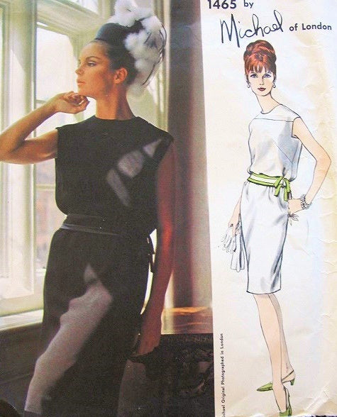 1960s Slim 2 Pc Dress Pattern Vogue Couturier Design 1465 Michael of London Day or Cocktail Party Dress Elegant Button Back Blouson Top Slim Skirt Bust 34 Vintage Sewing Pattern UNCUT