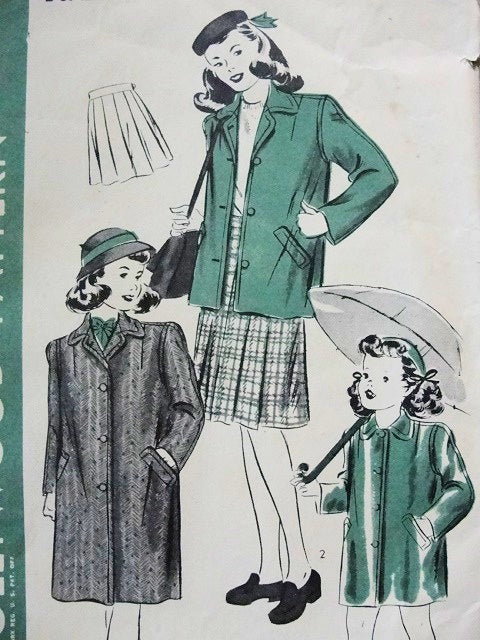 1940S VINTAGE GIRL'S COAT, SKIRT OR RAINCOAT HOLLYWOOD PATTERN 1507