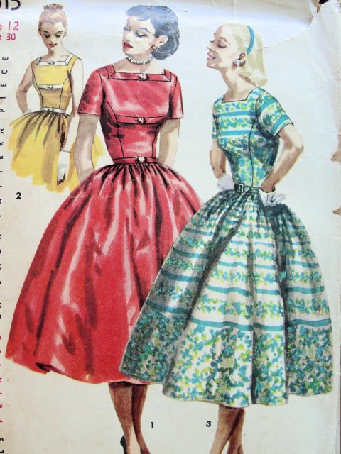1950s Lovely Party Cocktail Dress Pattern SIMPLICITY 1515 Flattering Square Neckline Very Full Beautiful Skirt Bust 30 Vintage Sewing Pattern