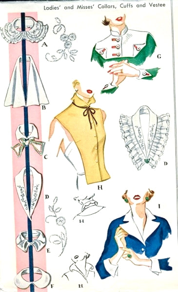 1950 CHIC Collars, Cuffs, Dickey Vestee Pattern McCALL 1521 Twelve Styles,Perfect For Suits, Dresses ,Sweaters,+ Embroidery Transfer, Vintage Sewing Pattern