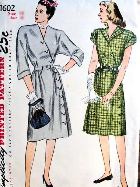1940s STRIKING Asymmetric Surplice Dress Pattern SIMPLICITY 1602 V Neckline Lovely Day or After 5 Style Bust 30 Vintage Sewing Pattern