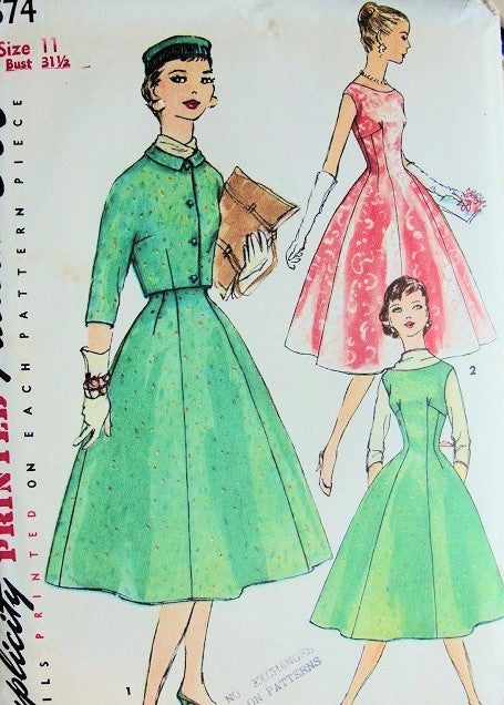 1950s LOVELY Dress, Jumper and Jacket Pattern SIMPLICITY 1674 Daytime or Party Dress, Bust 31 Vintage Sewing Pattern