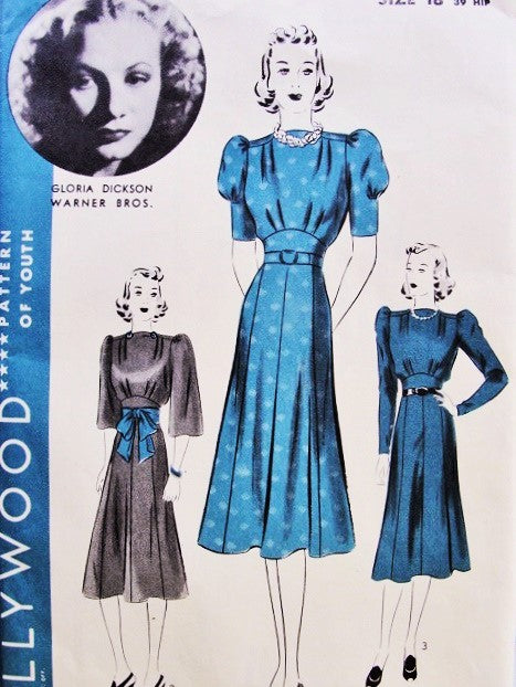 LOVELY 1930s MOVIE STAR Dress Pattern HOLLYWOOD 1703 Lovely Girdle Waist Design 3 Sleeve Styles Starlet Gloria Dickson Bust 32 Vintage Sewing Pattern