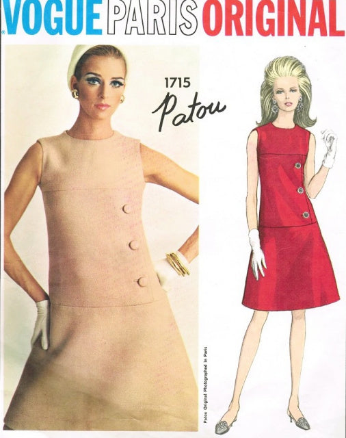 1960s PATOU Mod Dress Pattern VOGUE PARIS Original 1715 Jewel Neckline Flared Dress Day or Cocktail Evening Bust 32 Vintage Sewing Pattern