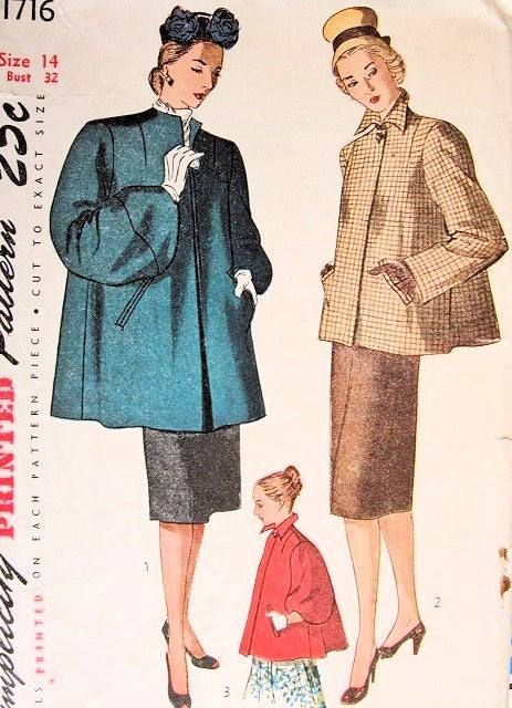 1940s Film Noir Coat Jacket Pattern SIMPLICITY 1716 Three Stylish Versions, Swing Back 2 Sleeve Choices Includes Stunning Full Shaped Sleeve, Bust 32 Vintage Sewing Pattern