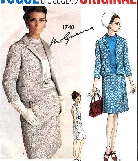 1960s MOLYNEUX 3 Pc Suit Pattern VOGUE PARIS ORIGINAL 1740 Daytime or Evening Classy Slim Skirt Semi Fitted Jacket and Overblouse Bust 34 Vintage Sewing Pattern UNCUT