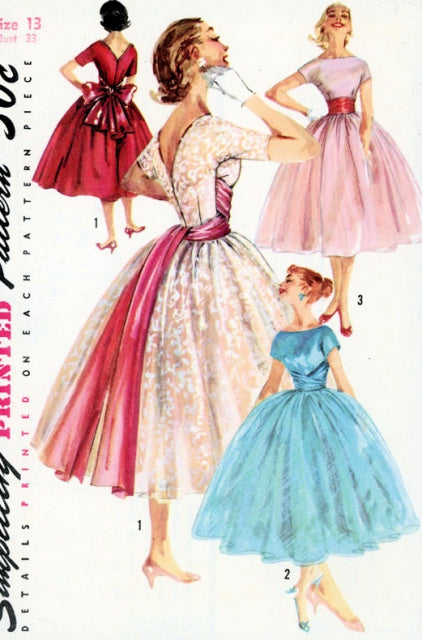 1950s BEAUTIFUL Evening Party Dress Pattern SIMPLICITY 1795 Dreamy Very Full Skirt Bateau Neckline V Back Cocktail Dress, 3 Style Versions, Bust 34 Vintage Sewing Pattern