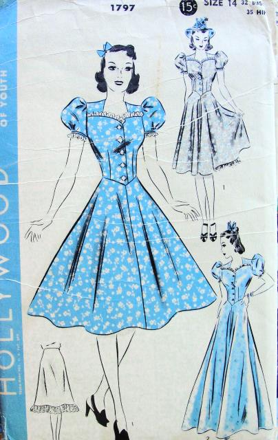 1940s DRESS, PETTICOAT PATTERN CIRCULAR SKIRTED, SWEET HEART NECKLINE, PRETTY PUFF SLEEVES, BIAS CUT PETTICOAT HOLLYWOOD PATTERNS 1797