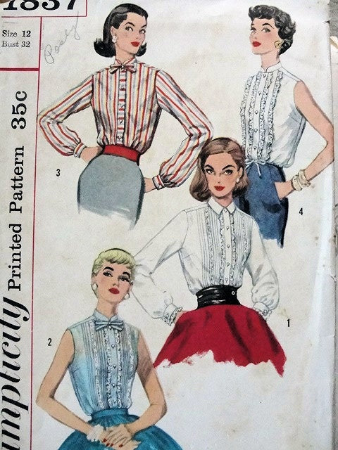 1950s BLOUSE PATTERN 4 STYLES TUCKS, RUFFLES SIMPLICITY 1837