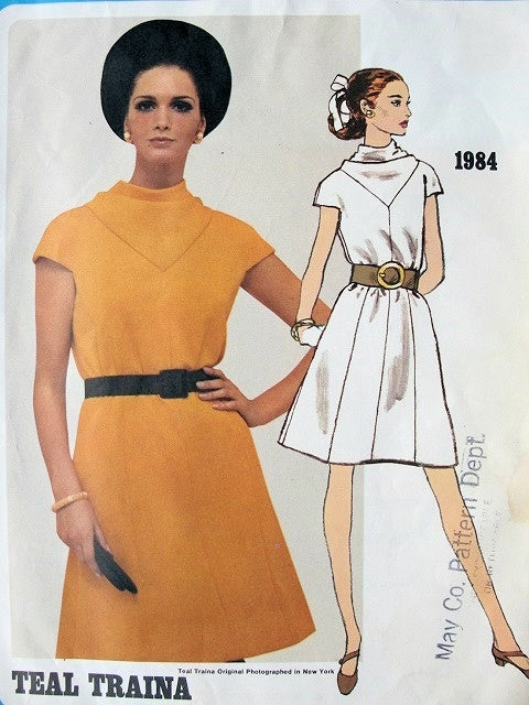 1960s TEAL TRAINA DRESS PATTERN UNIQUE CAP SLEEVES, LOVELY COWL NECKLINE VOGUE AMERICANA 1984