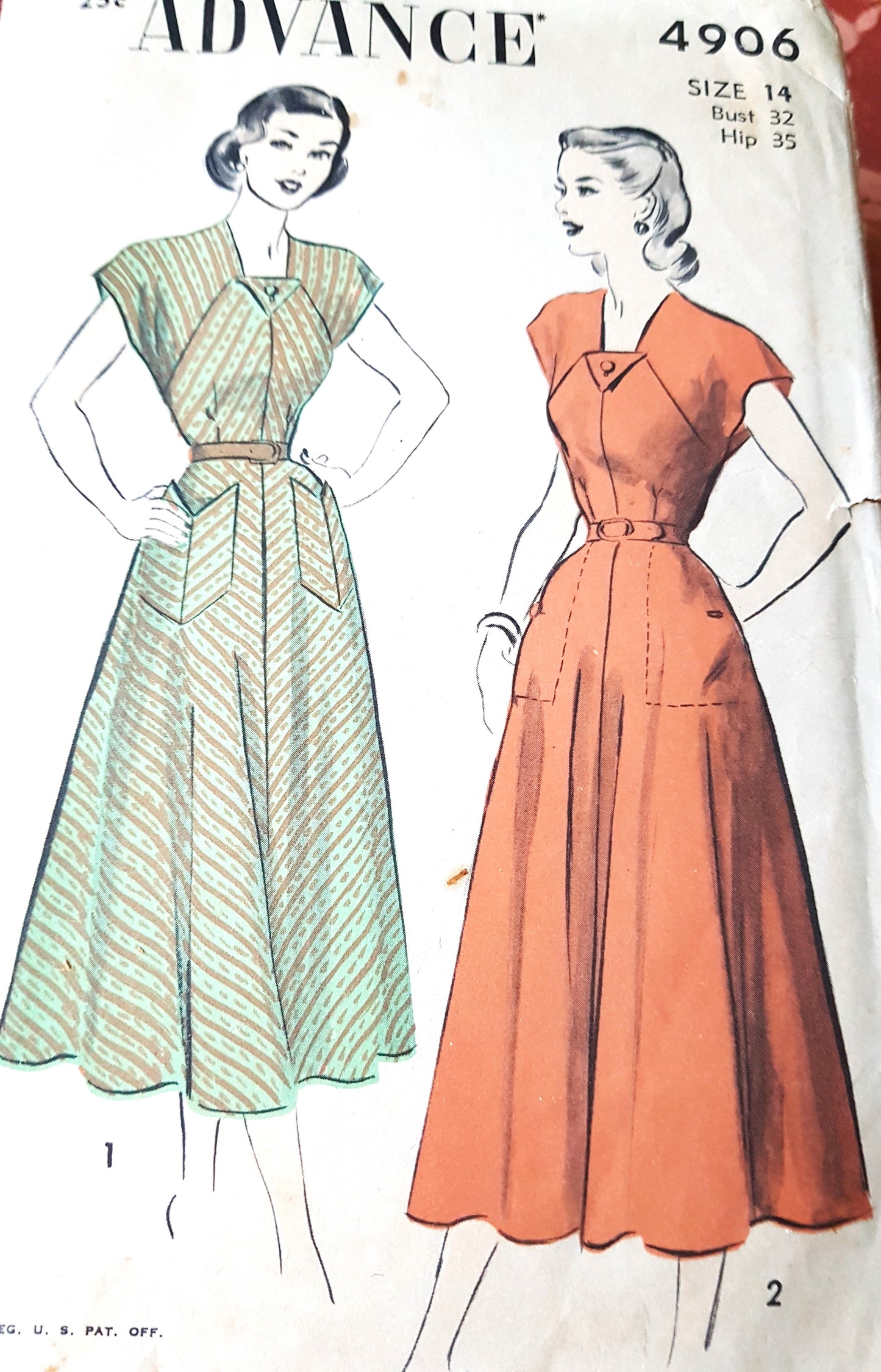 Late 40s PRETTY Dress Pattern ADVANCE 4906 Unique Tab Interest Neckline and Cute Patch Pockets Bust 32 Vintage Sewing Pattern FACTORY FOLDED