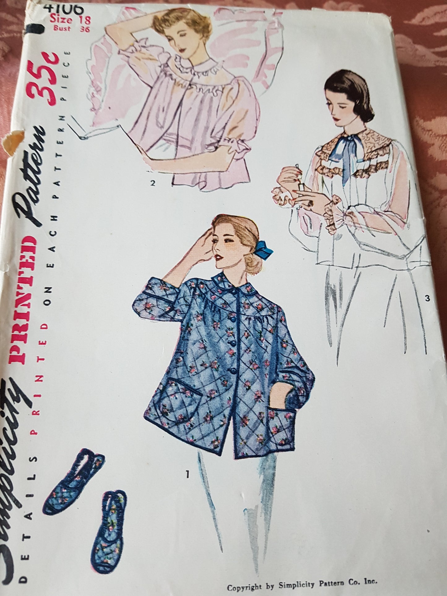1950s ROMANTIC Bed Jackets and Slippers Pattern SIMPLICITY 4106 Three Lovely Style Versions, Sling Back Slippers, Bust 36 Vintage Sewing Pattern FF