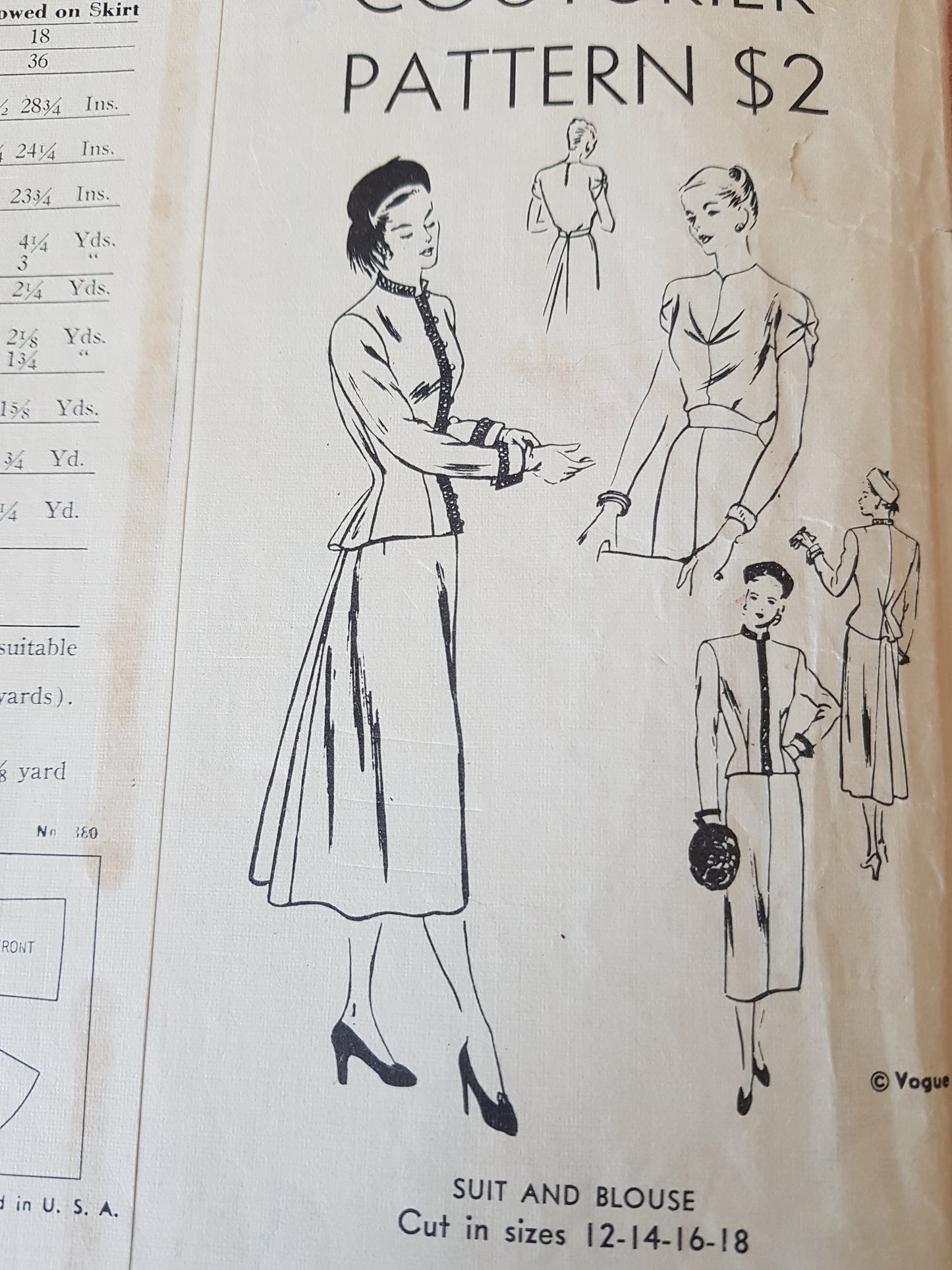 1940s GORGEOUS Film Noir 3 Pc Suit Pattern VOGUE COUTURIER DESIGN 380 Beautiful Design Details, Bust 30 Vintage Sewing Pattern +Sew In Label