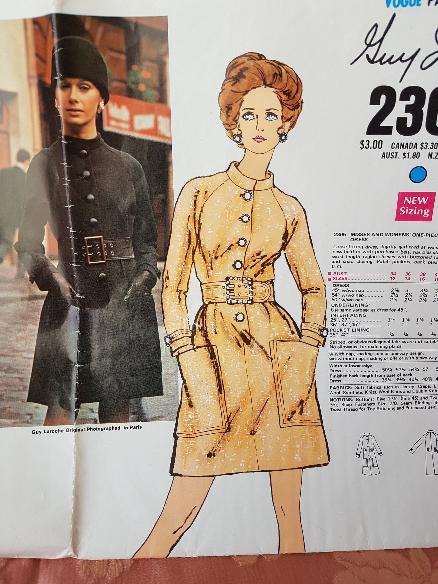 1960s MOD Guy Laroche Dress Pattern VOGUE PARIS Original 2305 Day or Evening Cocktail Party Belted Dress Bust 34 Vintage Sewing Pattern