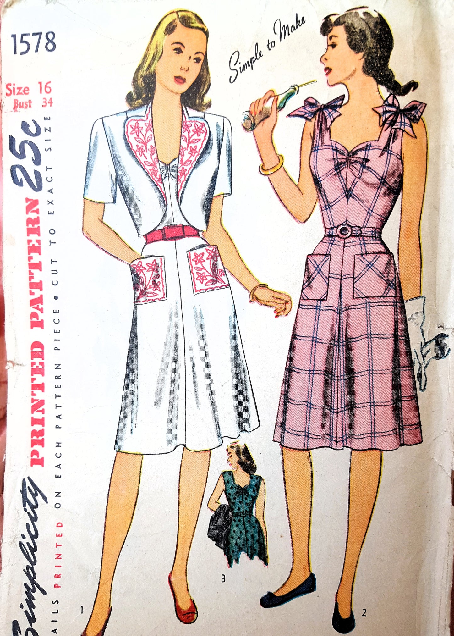 LOVELY 1940s Sun Dress and Bolero Jacket+ Embroidery Transfers Pattern SIMPLICITY 1578 Sweetheart Neckline and Bow Tied Shoulders Version, Bust 34 Vintage Sewing Pattern FACTORY FOLDED