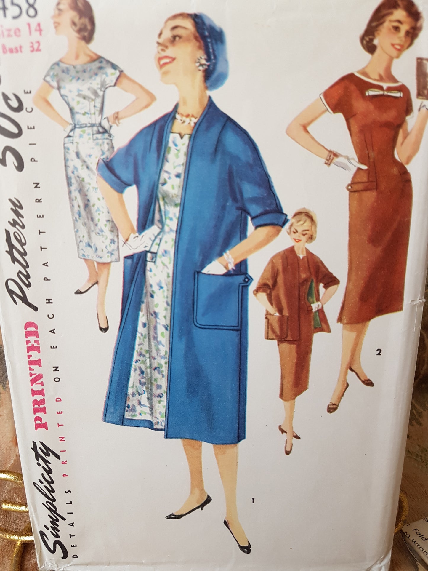 1950s SLEEK Dress and Coat Pattern SIMPLICITY 1458 Lovely Day or Evening Dress, Cot in 2 Lengths, Bust 32 Vintage Sewing Pattern FF