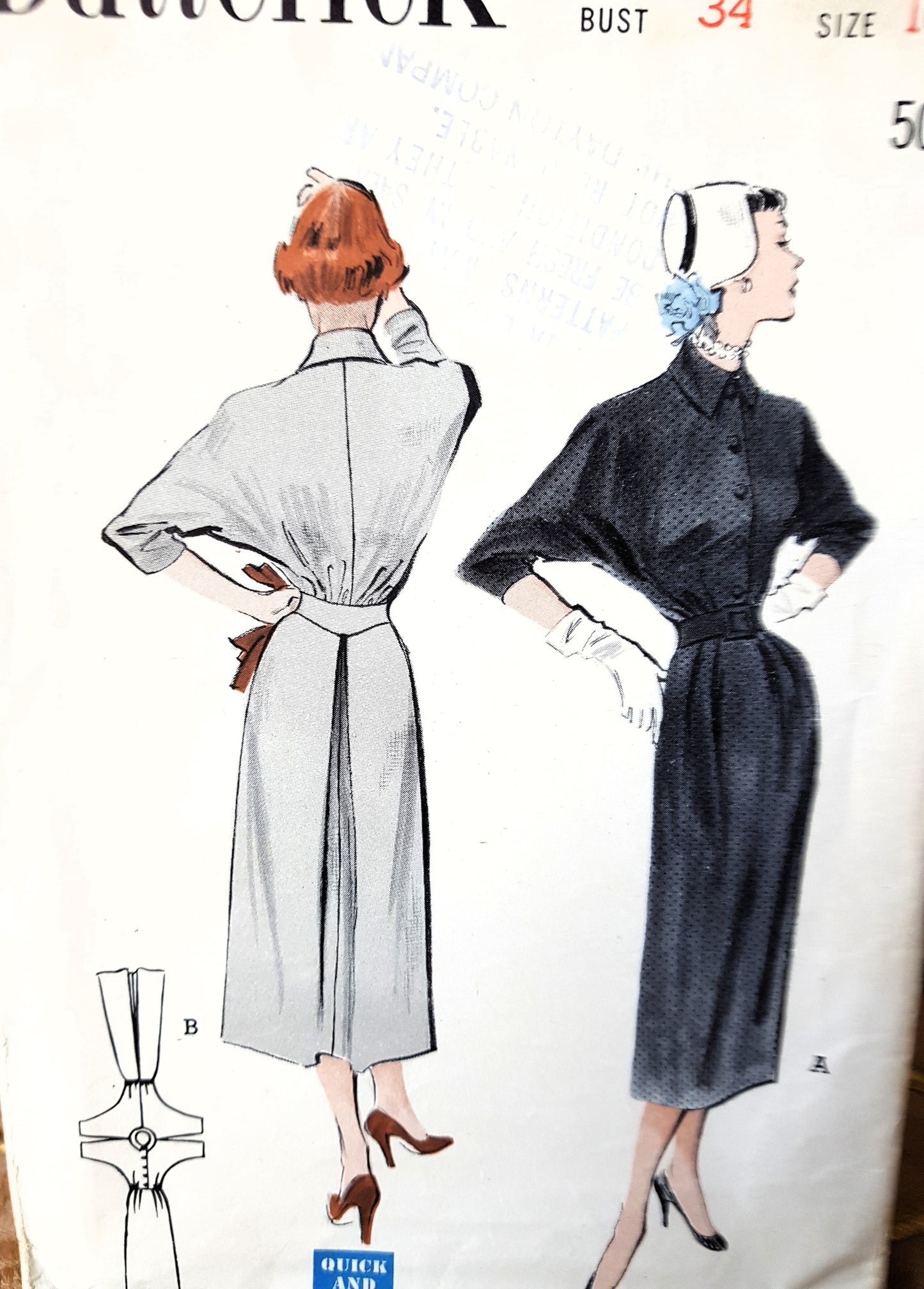 1950s CHIC Slim Dress Pattern BUTTERICK 5319 Dramatic Batwing Sleeves, Bust 34 Quick and Easy Vintage Sewing Pattern