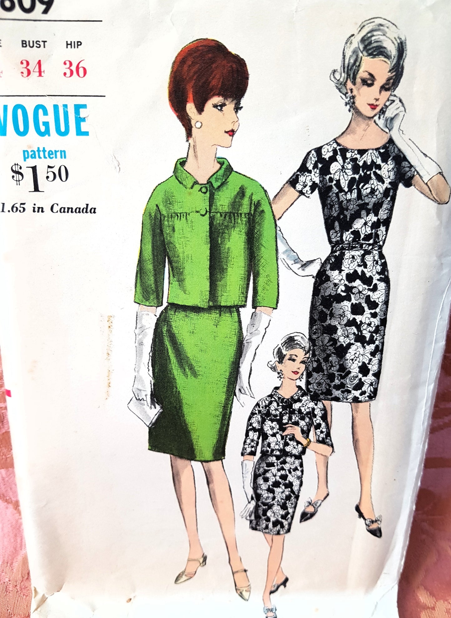 CHIC 1960s Dress and Jacket Pattern VOGUE 6809 Day or Evening, Flattering Style, Bust 34 Vintage Sewing Pattern FF