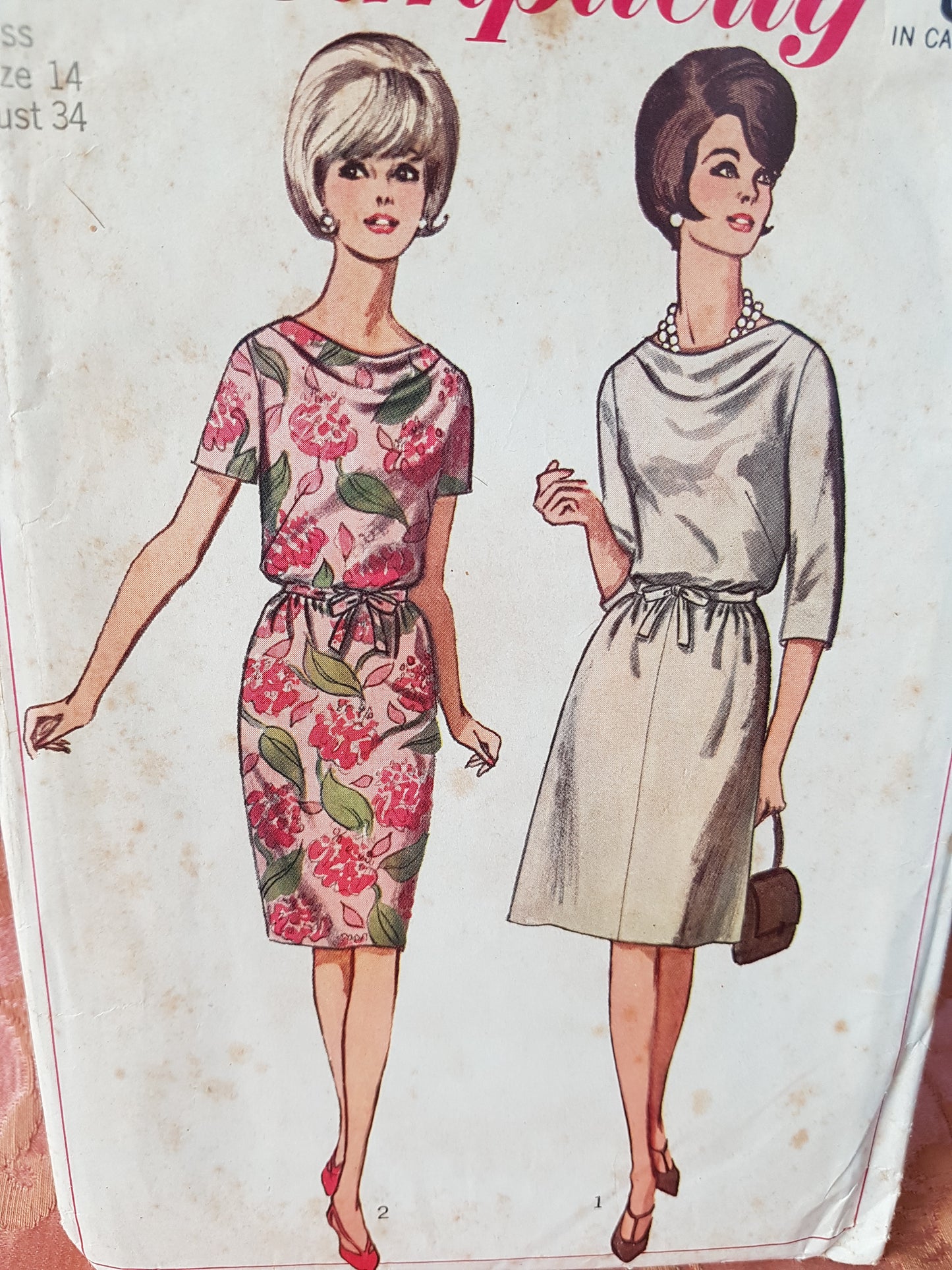 1960s CLASSY Cowl Neckline Dress Pattern SIMPLICITY 6327 Two Style Versions, Bust 34 Vintage Sewing Pattern