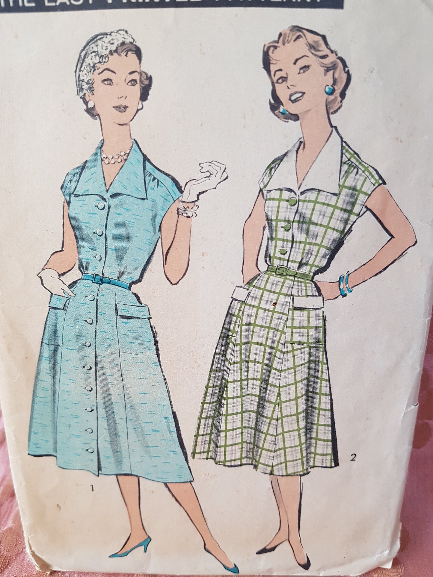 1950s FLATTERING Dress Pattern ADVANCE 8629 Two Style Versions, Front Button, Patch Pockets, Bust 40 Vintage Sewing Pattern