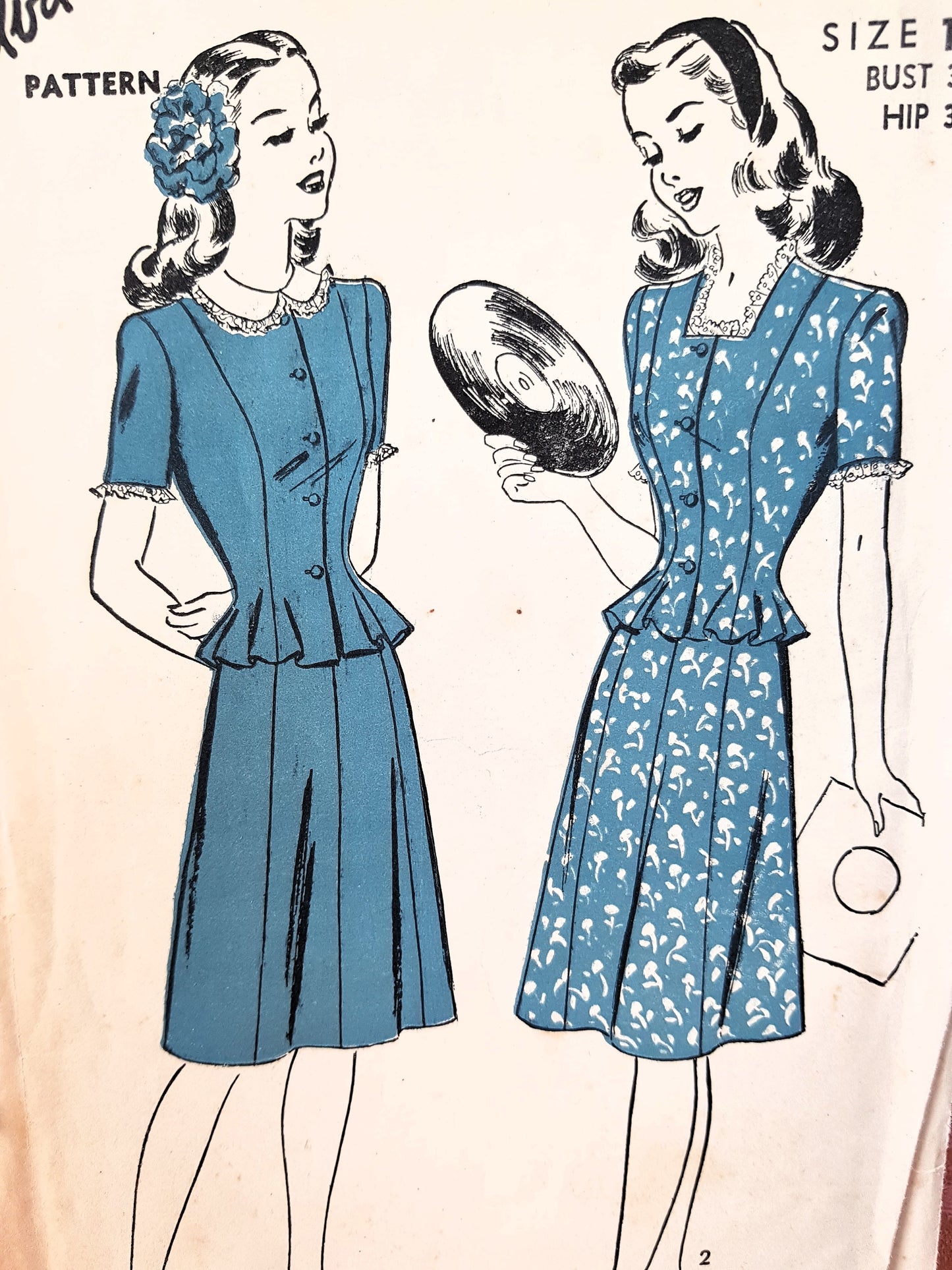 1940s PRETTY 2 Pc Dress Pattern ADVANCE 3885 Two Neckline Styles, Bust 34 Vintage Sewing Pattern FF