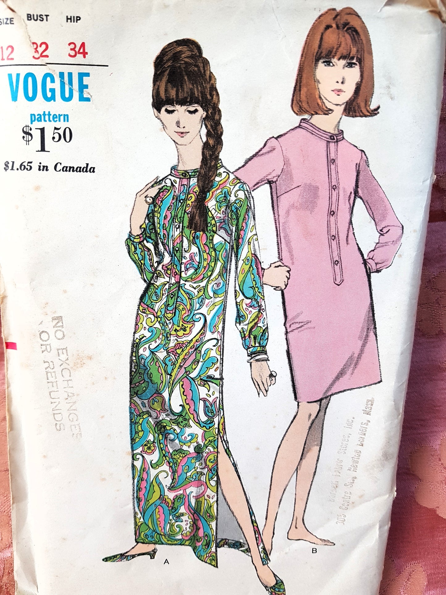 1960s MOD Evening Length or Day Dress Pattern VOGUE 7149 Side Slit Maxi Dress, Bust 32 Vintage Sewing Pattern FF