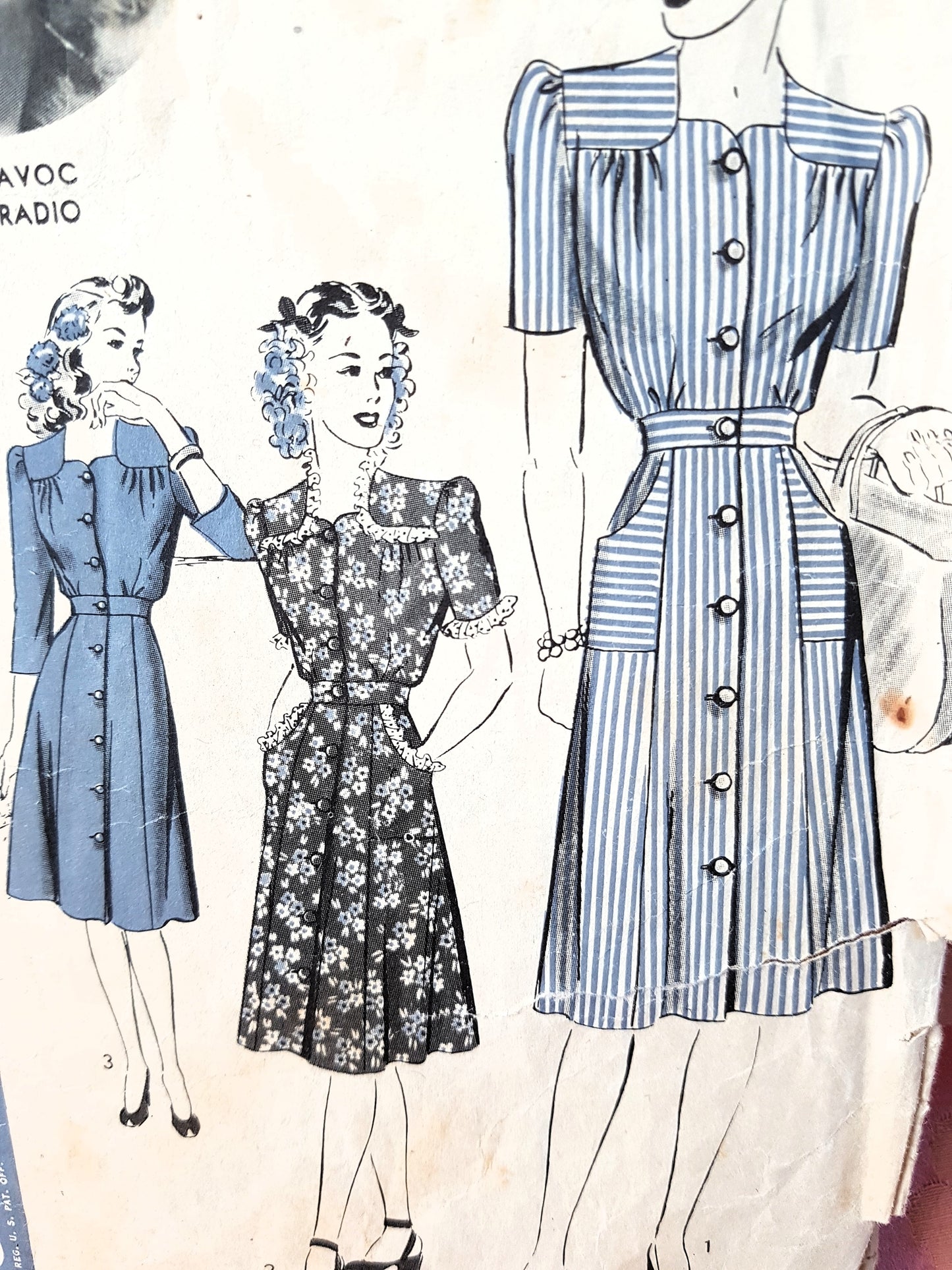 1940s CUTE Front Button Dress Pattern HOLLYWOOD 1132 Featuring RKO Starlet June Havoc Three Style Versions Bust 34 Vintage Sewing Pattern