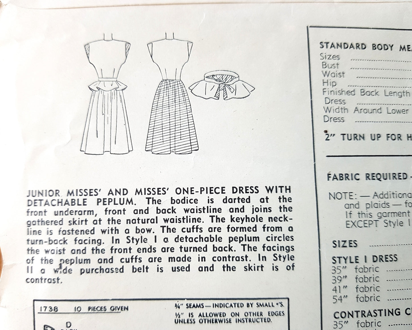 1940s PRETTY Dress and Detachable Peplum Pattern SIMPLICITY 1738 Lovely Keyhole Neckline Bust 34 Simple To Make Vintage Sewing Pattern FF