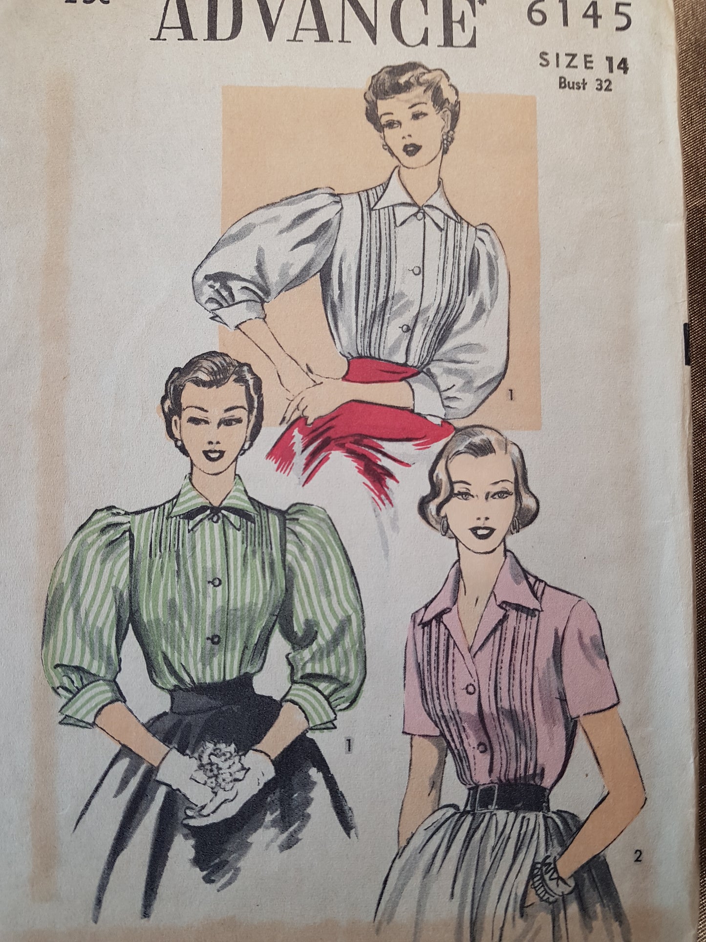 1950s PRETTY Gibson Girl Style Set of Blouses Pattern ADVANCE 6145 Pin Tucks,Double or Convertible Collar, Puff Sleeve Versions Bust 32 Vintage Sewing Pattern FF