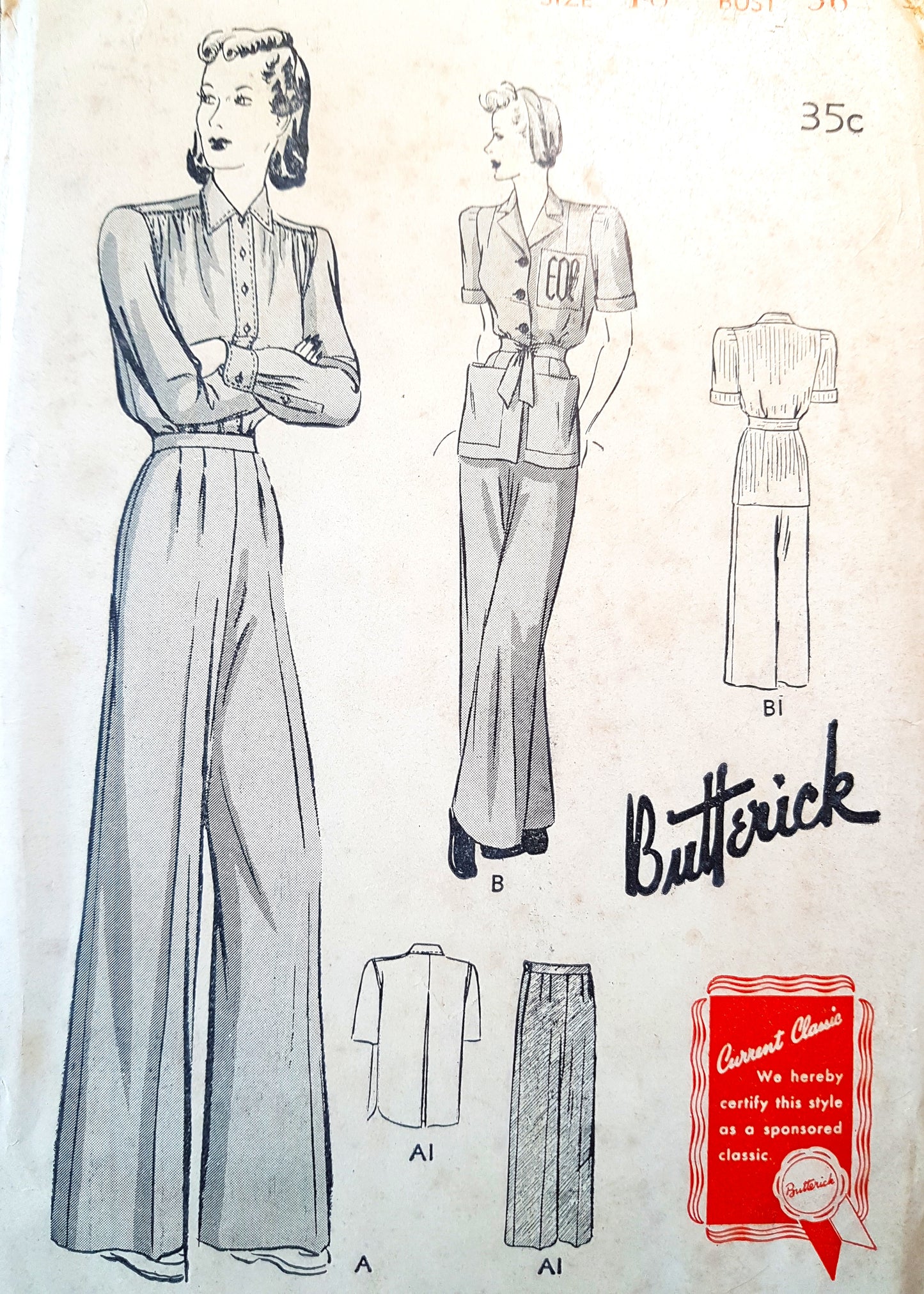 1940s KATE HEPBURN Style Pants and Blouse Pattern BUTTERICK 1266 Day or Pajamas, Bust 36 Vintage Sewing Pattern
