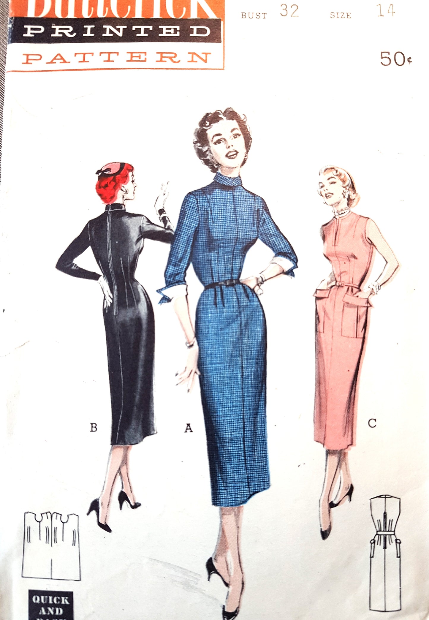 1950s SLEEK Slim Dress Pattern BUTTERICK 6636 Slit Jewel Neckline, Bust 32 Quick n Easy Vintage Sewing Pattern
