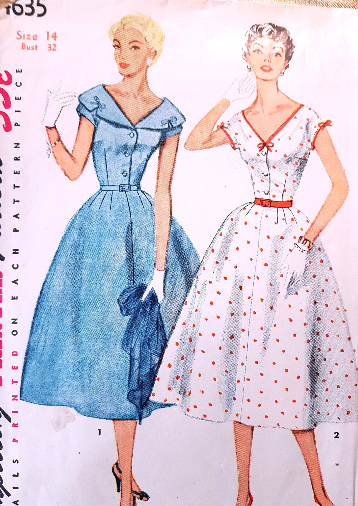 1950s PRETTY Dress Pattern SIMPLICITY 4635 Two Neckline Versions Bust 32 Vintage Sewing Pattern
