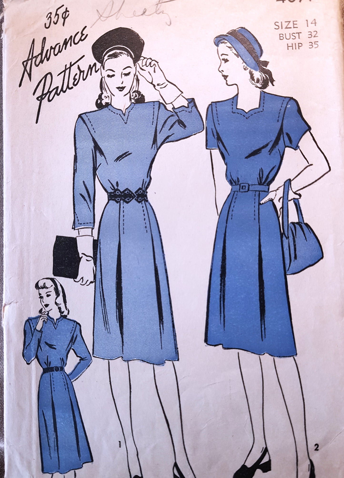 1940s STYLISH Dress Pattern ADVANCE 4077 Two Beautiful Necklines, Button Back, Bust 32 Vintage Sewing Pattern
