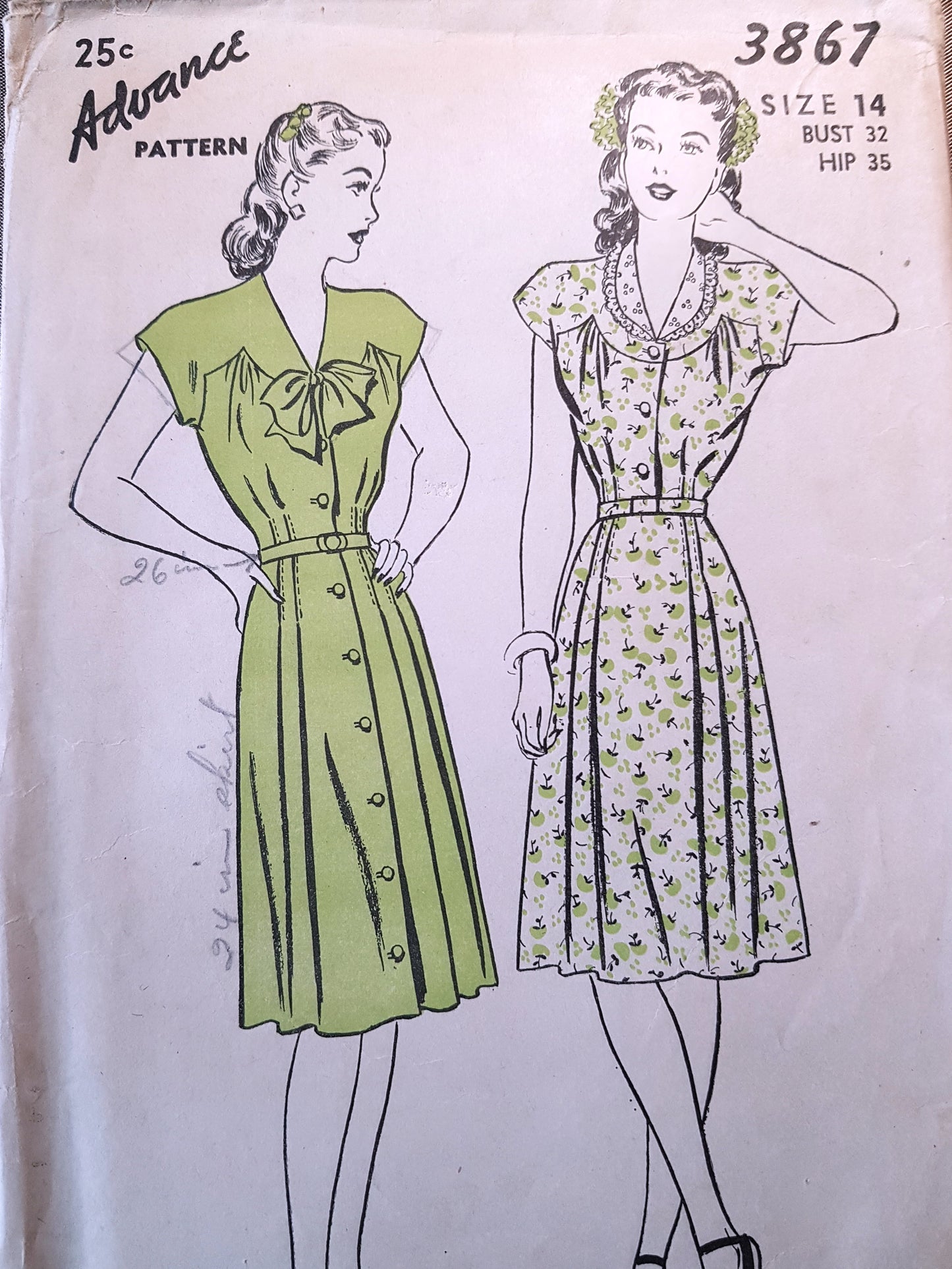 1940s PRETTY Day or Party Dress Pattern ADVANCE 3867 Two Versions Bust 32 Vintage Sewing Patterns