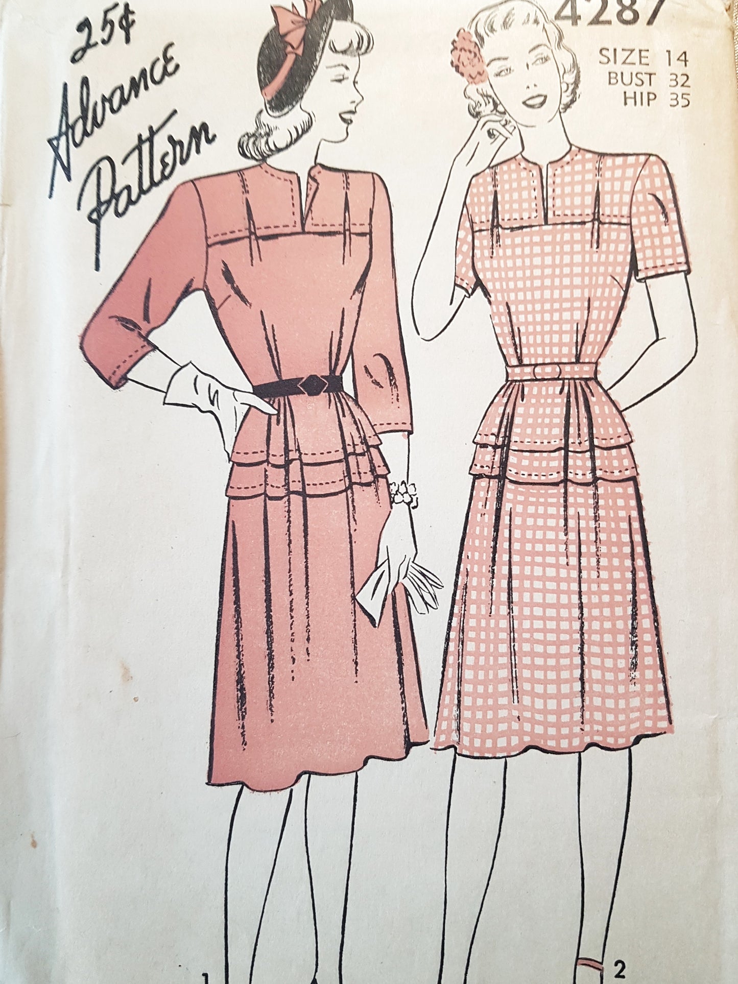 1940s LOVELY Dress Pattern ADVANCE 4287 Slit Neckline Interesting Design Features, Bust 32 Vintage Sewing Pattern