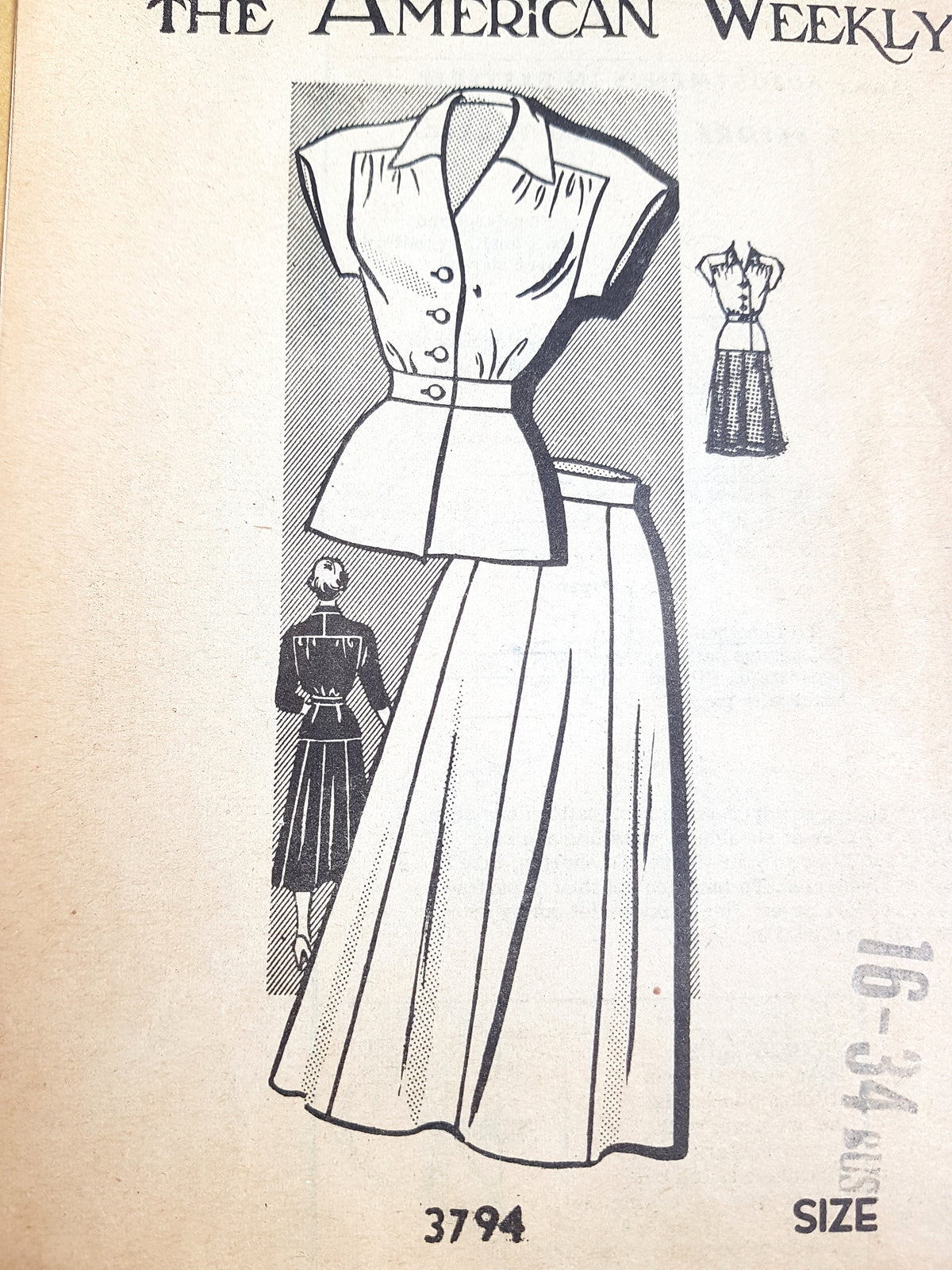 Early 1950s 2Pc Dress Pattern AMERICAN WEEKLY 3794 Short or Long Sleeved Version, Flared Skirt Bust 34 Vintage Sewing Pattern FF