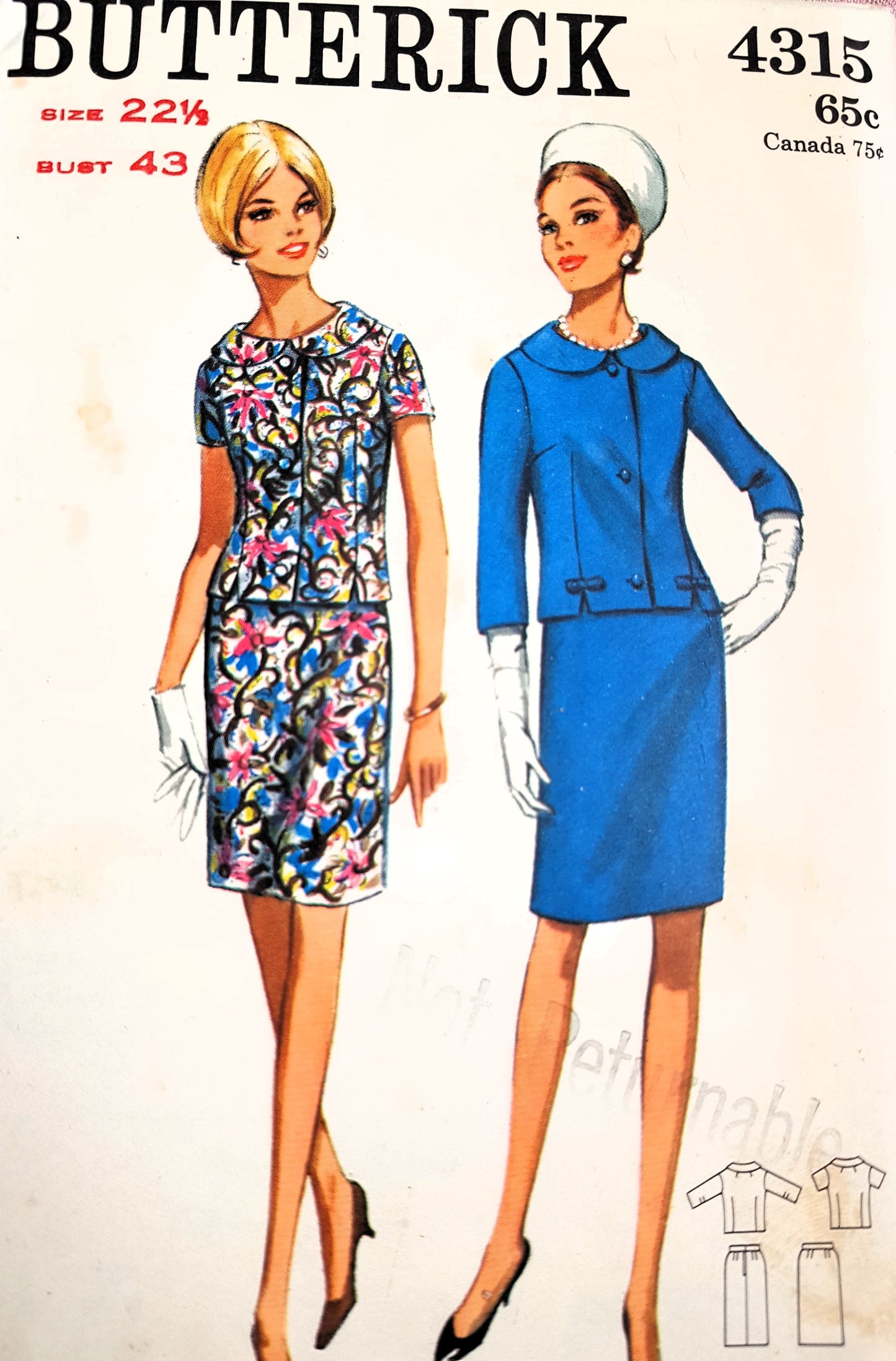1960s ELEGANT 2 Pc Dress Pattern BUTTERICK 4315 Over Blouse and Slim Skirt Bust 43 Vintage Sewing Pattern FF