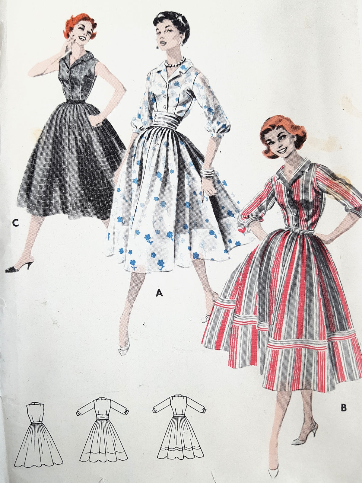 LOVELY 1950s Full Skirted Shirt Dress Pattern BUTTERICK 8147 Three Versions, Bust 32 Vintage Sewing Pattern FF