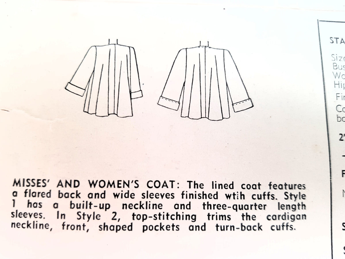 Late 1940s LOVELY Flare Back Jackets Coat Pattern SIMPLICITY 2380 Two Versions,Wide Cuffs, Bust 32 Vintage Sewing Pattern