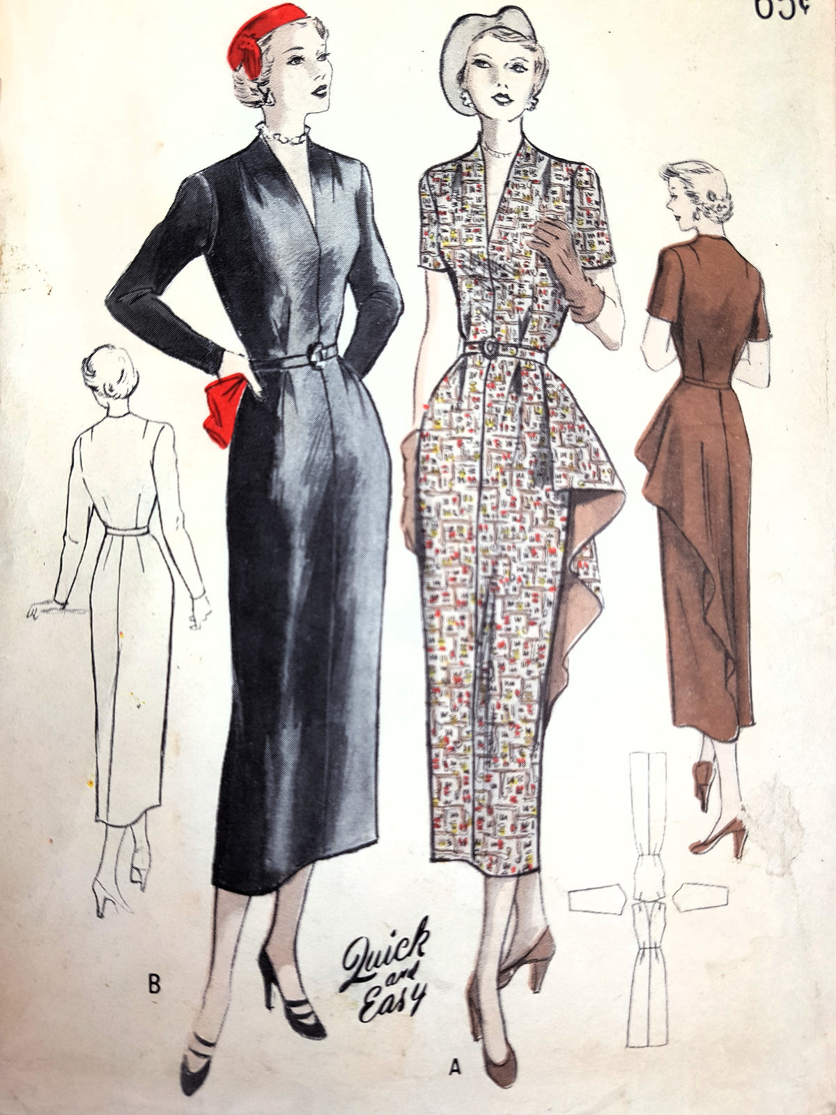 LATE 1940s Dramatic Day or After 5 Dress Pattern BUTTERICK 5183 Two Beautiful Versions,Bust 34 Quick and Easy Vintage Sewing Pattern