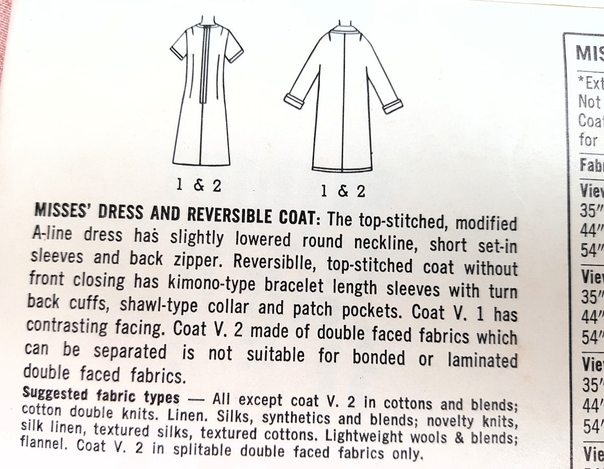 1960s STYLISH Dress and Reversible Coat Pattern SIMPLICITY 6732 Slim Dress and Fabulous Coat, Bust 34 Vintage Sewing Pattern FF